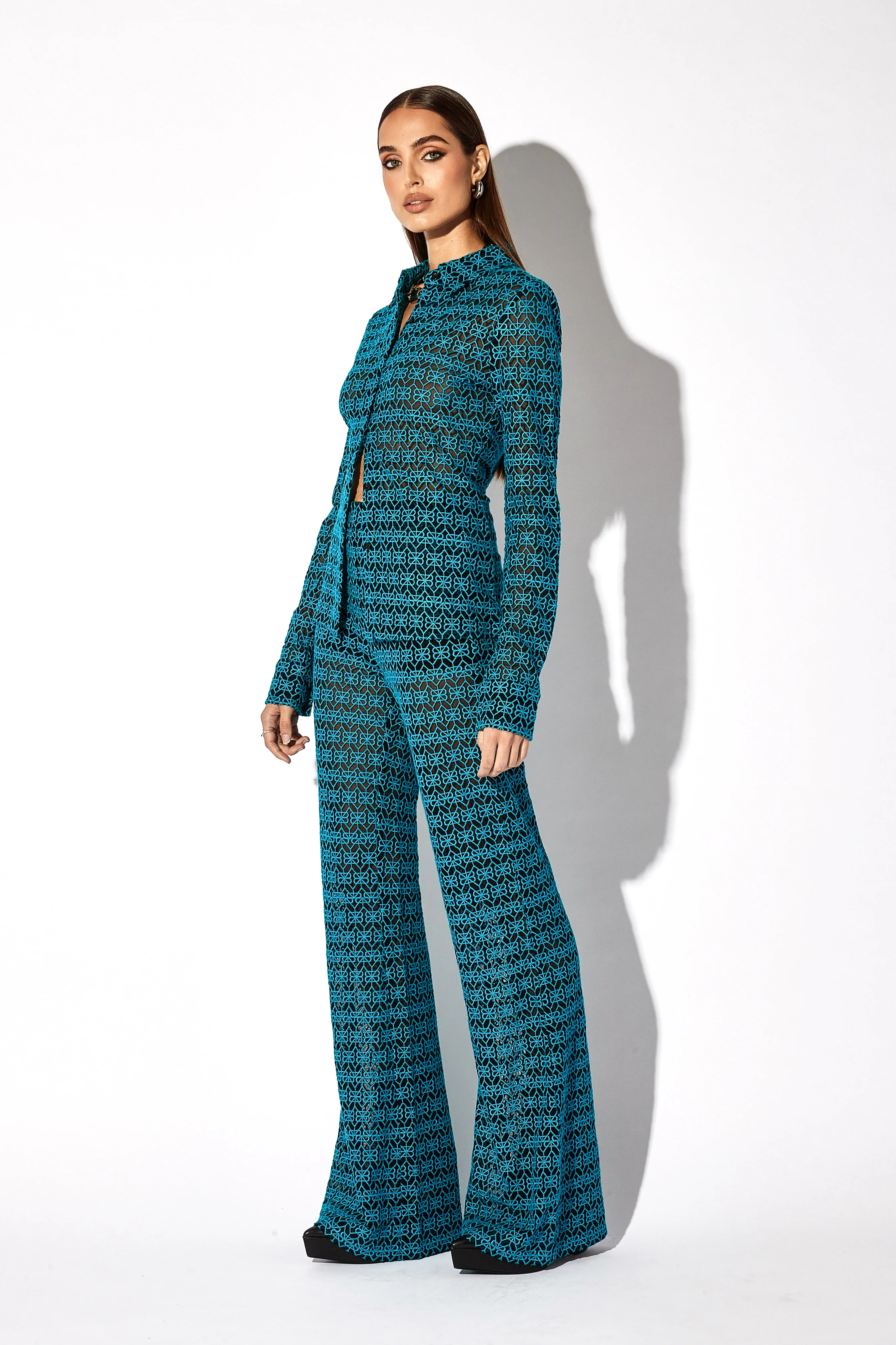 EMBROIDERED FLARE PANT | TEAL - Image 3